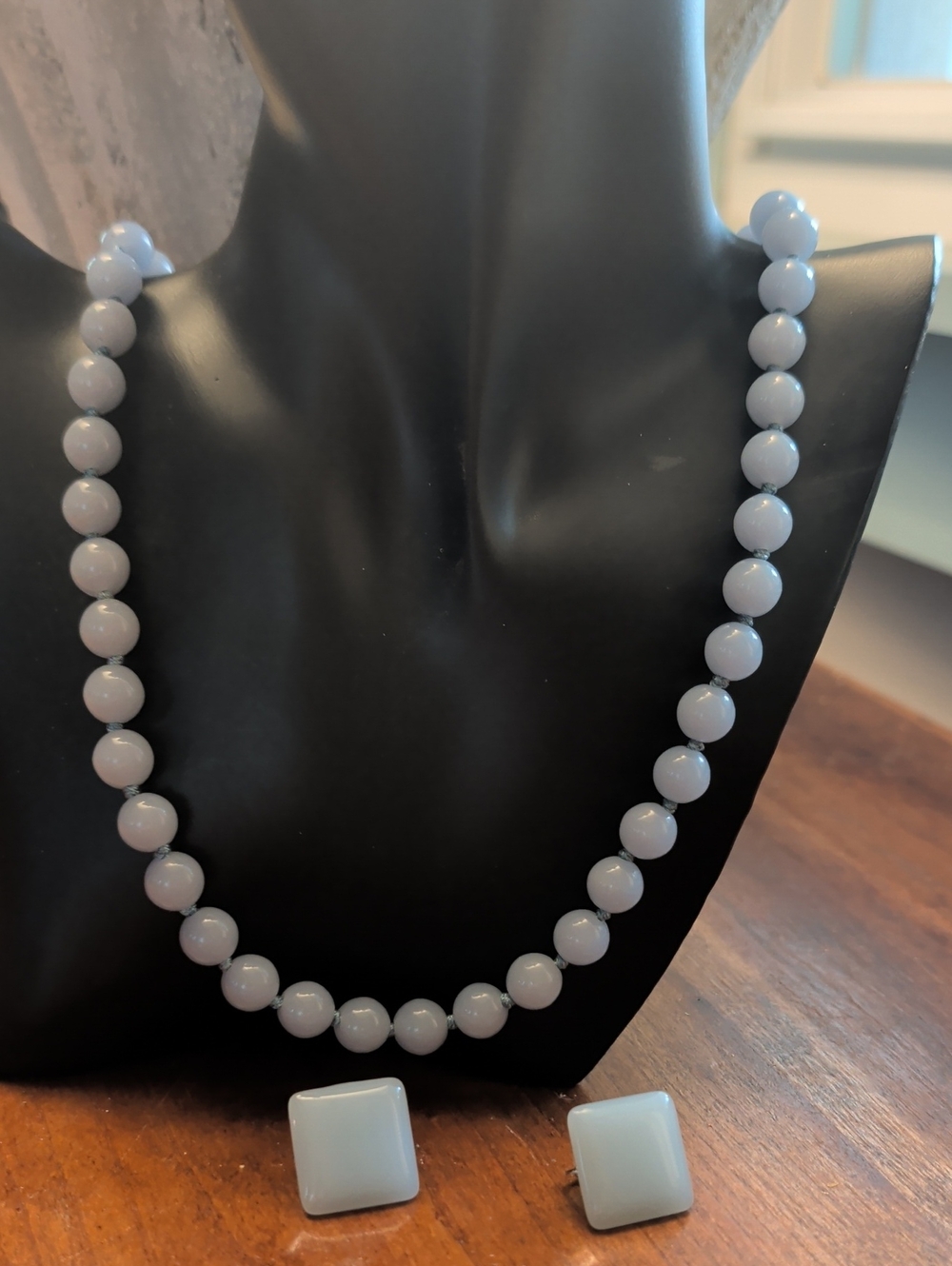 Crown Trifari Earrings Trifari necklace Blue Lucite beads 12" Vintage moonglow